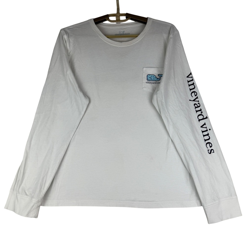 Vineyard Vines Long Sleeve T-Shirt Women XL White Coral Whale Pocket Logo Tee